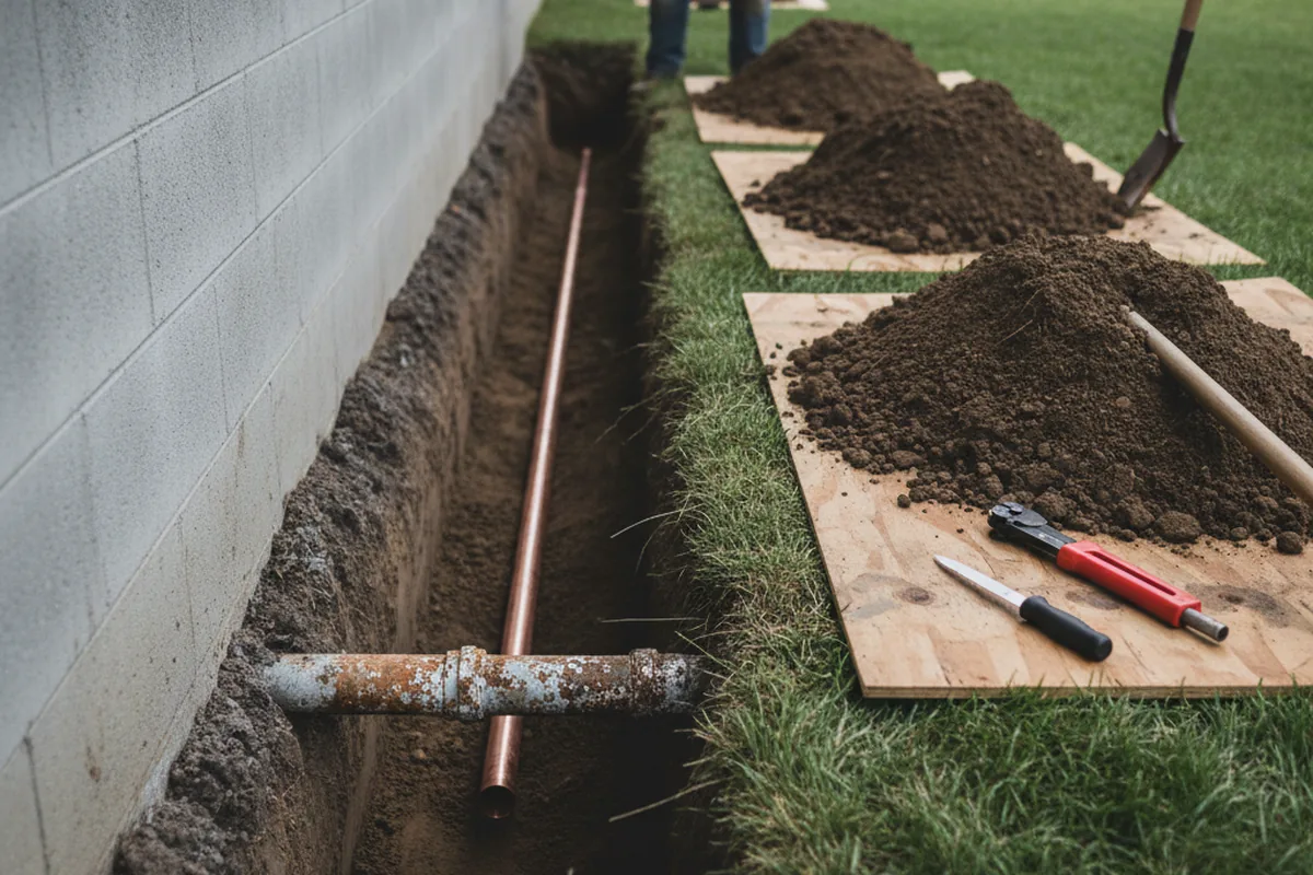 Excavated water line trench during Water Heater Repair in Clinton Township